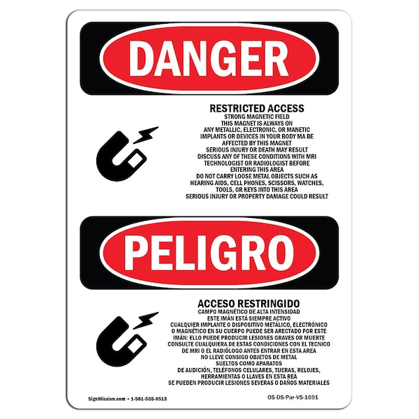 Sign, 5" H, 3.5" W, Restricted Access Strong Magnetic Field, Span, DS-D-35-VS-1691-10PK